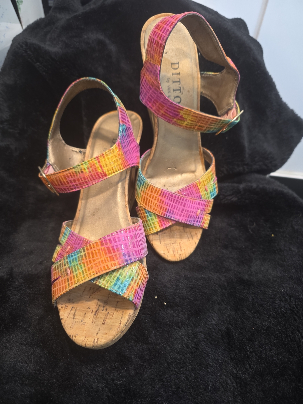 Dittos Multicolor Strappy Cork Wedge Sandals - Pink, Yellow, Blue, Green